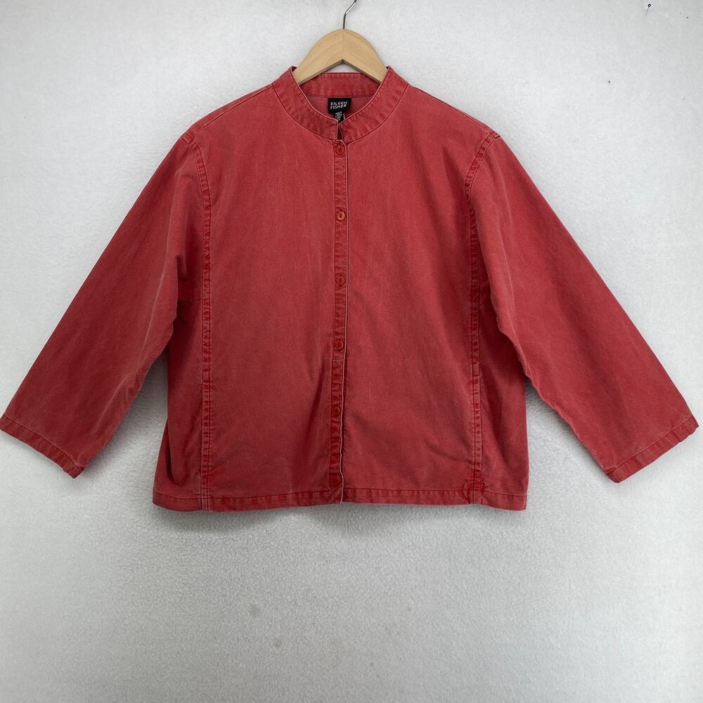 EILEEN FISHER Jacket M Cotton Canvas Mandarin Button Up Boxy Washed Red USA VTG - Picture 3 of 13